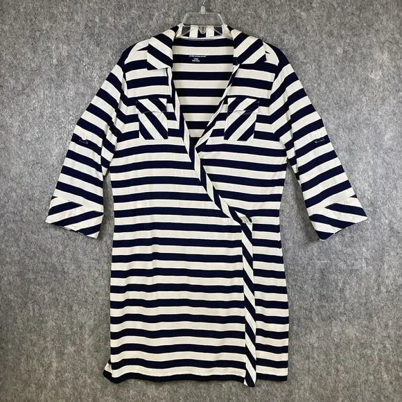 Soft Surroundings Women's Large Navy White Stripe V Neck Side Wrap Dress - Picture 1 of 14